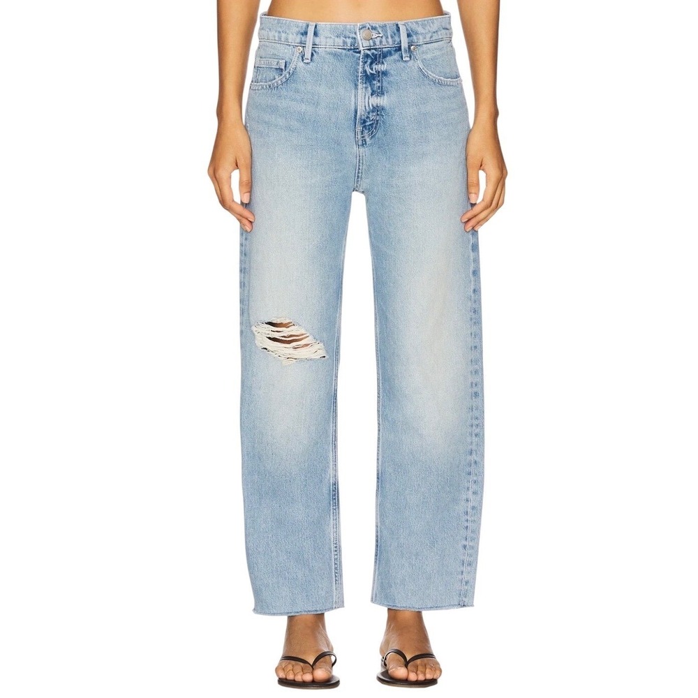 GOOD AMERICAN Good‎ Standard Straight Distressed Raw Hem Mid Rise Baggy Jeans